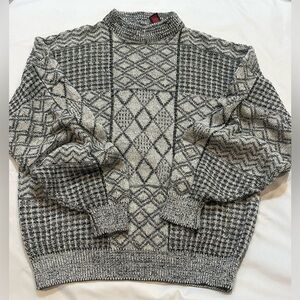 Vintage Textured Knit Sweater Chunky Mock Neck Pullover Neutral Gray